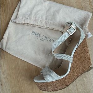 Women’s | Jimmy Choo sandals. Portia 120 woven leather wedge sandal, white.